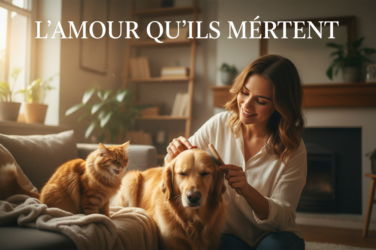 je veux que tu me génère une image pour ma bannière d'une dame qui prend soin de ses animaux chien et chat. je veux que cette image touche a l'emotion le consommateur. je veux que tu ajoute un titre percutant .